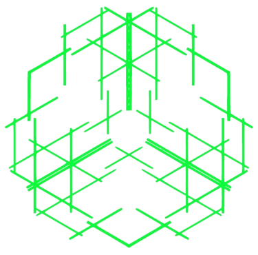 a green and black geometrical design of a hexagon