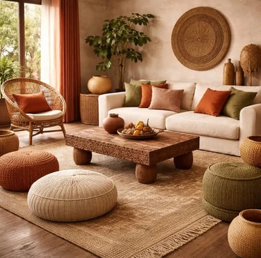 Afro-Bohemian Living Room Furniture with Neutral Sofa, Wooden Accents, and Floor Cushions