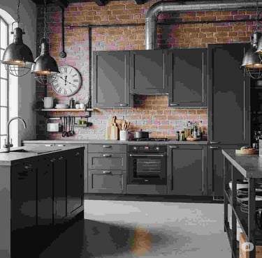 Industrial Kitchen with Sleek Grey Cabinetry and Minimalist Design