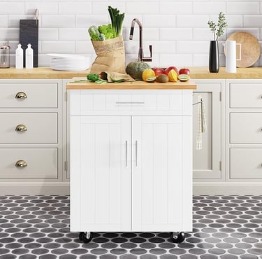 Modern kitchen island cart with storage and wheels — space-saving, mobile, functional furniture.