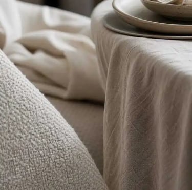Contemporary Dining Room Textiles Close-Up – Linen, Cotton & Wool in Soft Neutral Tones