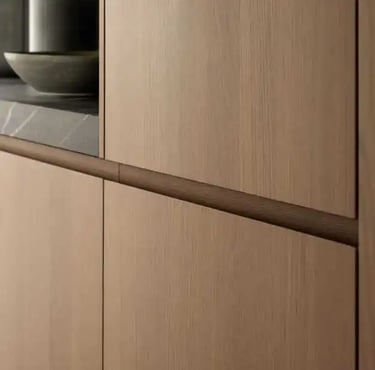 Luxury Contemporary Kitchen Cabinetry Detail – Matte Oak Handleless Flat Panel Design