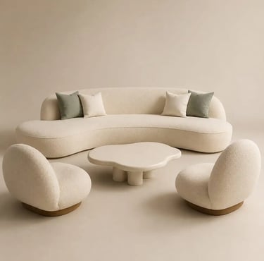Modern Organic Living Room Furniture: Curved Sofa, Sculptural Chairs & Organic Coffee Table. Eftelt Home Decoration