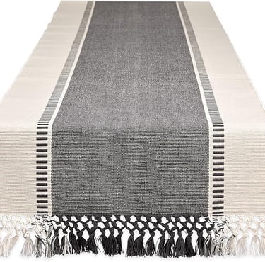 Modern gray table runner for dining table, minimalist woven design.