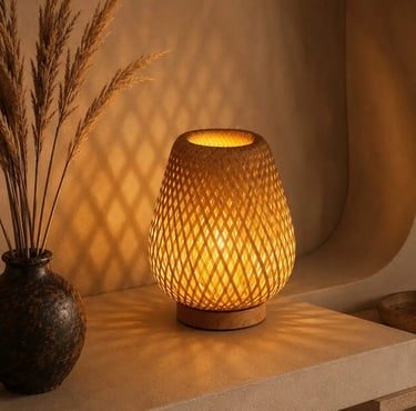 Woven Rattan Table Lamp for Afro-Bohemian Living Room Ambient Bedside Lamp Natural Rattan Lighting. Eftelt Home Decor
