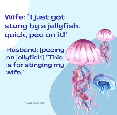 Wife:I got stung by jellyfish. pee on it Husband: [peeing on jellyfish] This is for stinging my wife