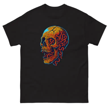 Black t‑shirt with psychedelic skull design in fiery red, orange, and blue — Horror & Hexes Back From the Dead Skull T‑Shirt