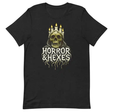 Candlehead Coven t‑shirt featuring a crowned skull with burning candles, Horror & Hexes original