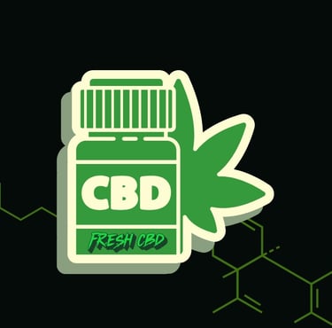 Bote de aceite CBD con hoja y moléculas sobre fondo negro