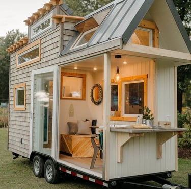 White tiny house on wheels with open door and big window