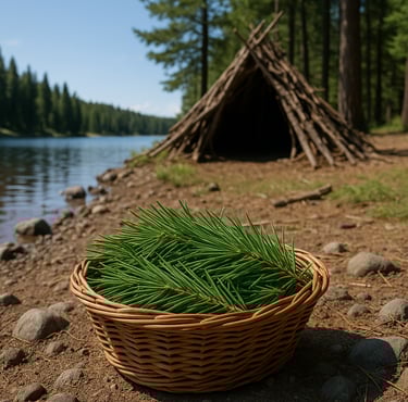 Basket of wild pine needles on lakeshore near debris shelter in forest, foraging survival food in wilderness during daylight