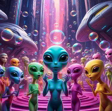 a group of aliens aliens in a futuristic space