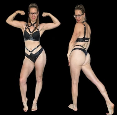 Pleasurelit Patricia wearing lovehoney fierce black wet look lingerie fore a review