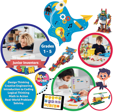 Junior Inventors (Gr 1-5) flyer: Kids building robots, teamwork, creative engineering.