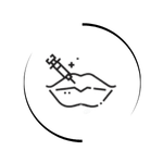 Minimalist line art icon of a cosmetic syringe performing a lip filler injection procedure.