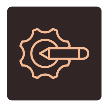 Line art illustration depicting a gear and pencil for custom fabrication and welding services.
