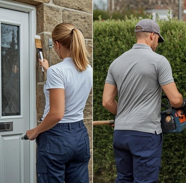 a woman painting a front door and a man trimming a hedge