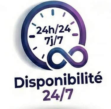 Horloge et symbole infini indiquant une gestion des appels assurée jour et nuit sans interruption