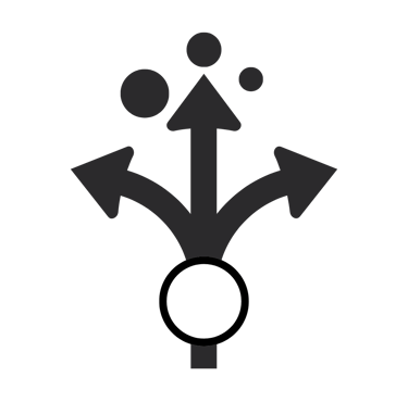 Black three-way directional arrow icon representing data distribution and branching workflows.