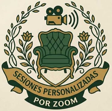 Icono elegante de un sillón verde con detalles en oro y la inscripción 'SESIONES PERSONALIZADAS POR 