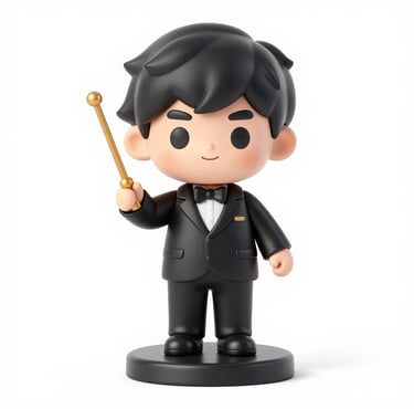 A cute 3D chibi figurine of a male music conductor wearing a black tuxedo and holding a baton.