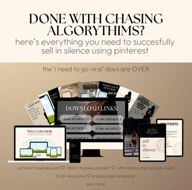 Digital marketing toolkit with Pinterest templates and faceless aesthetic content displayed on devices.