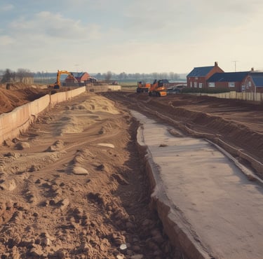 A brownfield site with roads being with construction equipment preparing the ground for development.