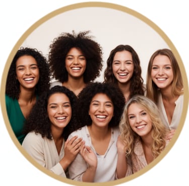 A circular photo showing a group of diverse, smiling young women.