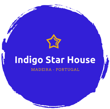 a blue and white logo with the words indigo star house