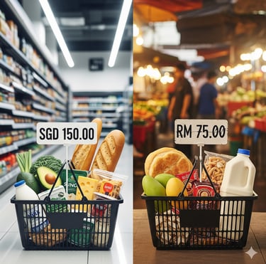 Lower cost of living in Malaysia. Grocery cost in Singapore (SGD 150) vs. Malaysia (RM 75).