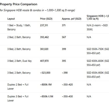 Table: Bukit Chagar property prices are 40-70% lower than comparable Singapore HDB flats and condos