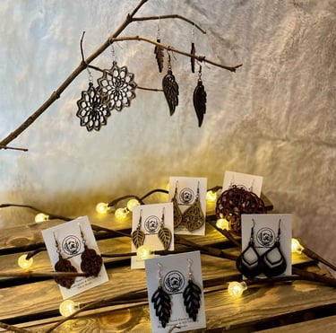 a table with custom wood earrings
