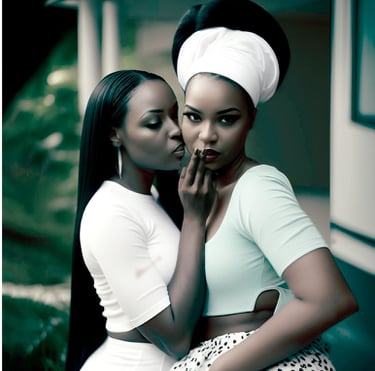 two woman in a white dress and a white hat