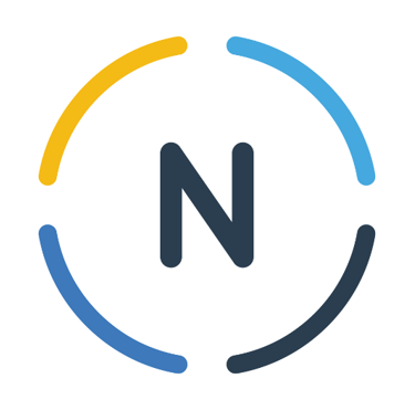 Nirmy circular logo featuring the letter N in blue and yellow