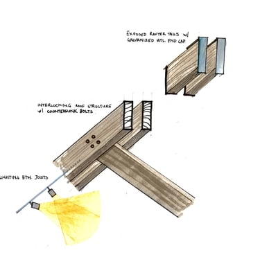 A detail sketch of a custom wood structure with integrated track lighting