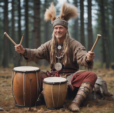 A close-up of a handcrafted wooden drum with intricate Viking carvings.