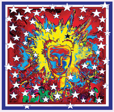 Pop art of American flag with face of The Statue of Liberty.