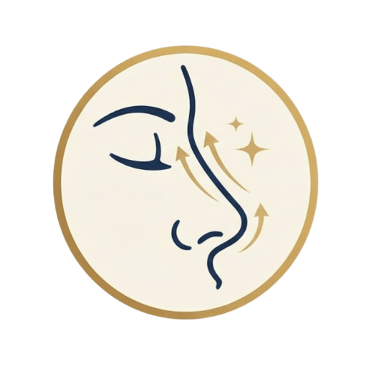 Minimalist facial skincare icon showing gold arrows for nose contouring and skin lifting treatments.