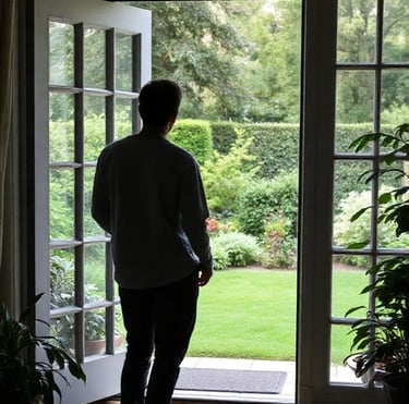 A man silhouette stands at open French doors looking out at a lush green backyard garden landscape.