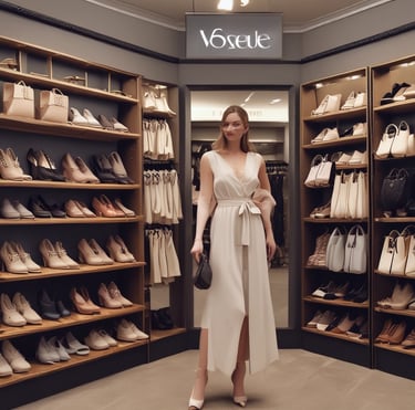 A stylish woman wearing a flowing chic dress walking confidently in a sunlit city street.