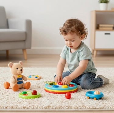 A colorful assortment of building blocks scattered on a play mat.