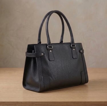 Cartera de cuero negro estructurada con doble asa, diseño clásico artesanal