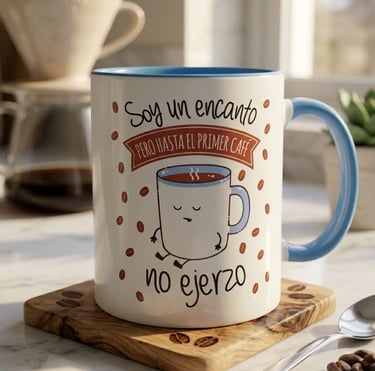Taza con frase: Soy un encanto pero hasta el primer café no ejerzo. Regalo original para café.