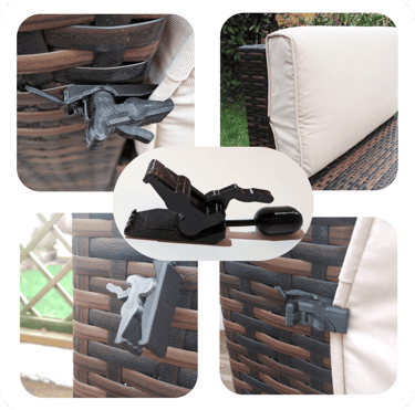 Picture of a rattan cushion clip including pictures in use