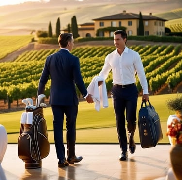 A personal butler delivering a golf bag and fresh towels to a guest, ensuring a five-star golf concierge experience in Tuscan