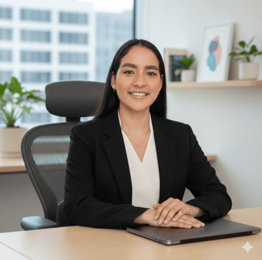 Professional businesswoman in a black blazer smiling at an office desk with a laptop.