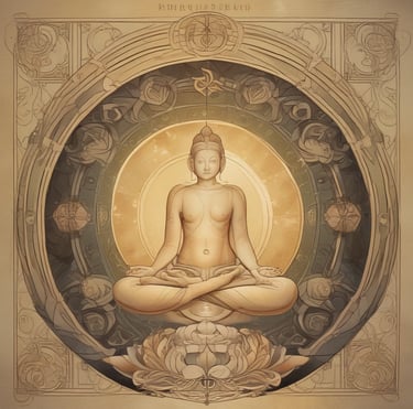 A person is seated in a meditative posture with hands placed on the chest and abdomen. The individual is draped in white, flowing fabric and is adorned with a ring and necklace. A soft, natural light filters through the curtains in the background. In the foreground, there are decorative bowls and what appears to be a piece of smudge stick resting on a small plate.