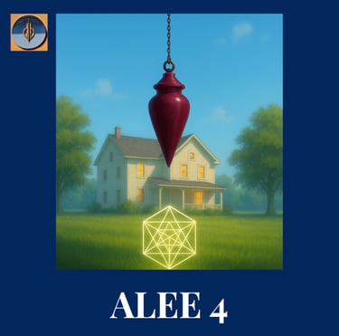 Une maison lumineuse dans un beau jardin verdoyant et un pendule en premier plan, un symbole de Mét