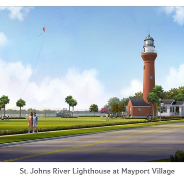 A digital rendering of the St. Johns River Lighthouse restored on a waterfront
