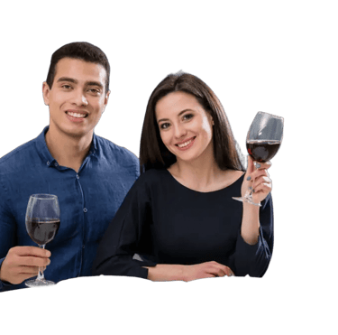 a man and woman holding wine glasses